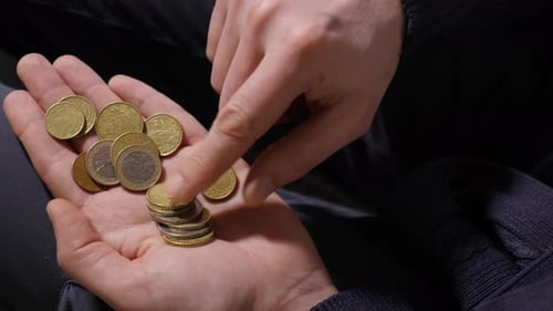 Hands Counting Euro Coins in Close Up Shot