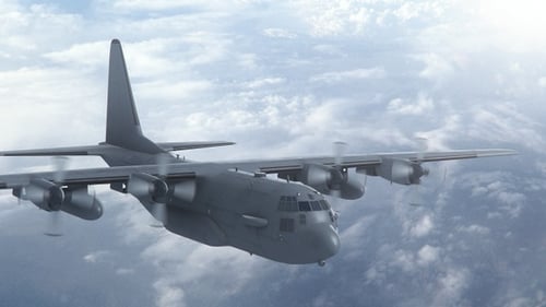 Realistic 3D Military Cargo Aircraft Flying Above Clouds