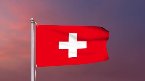 Switzerland Flag Waving Realistically Against Sunset Sky