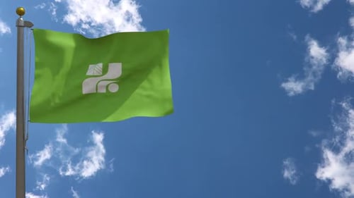 Green Corporate Logo Flag Waving in Blue Sky Loop
