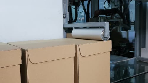 Cardboard boxes on a conveyor at distribution warehouse