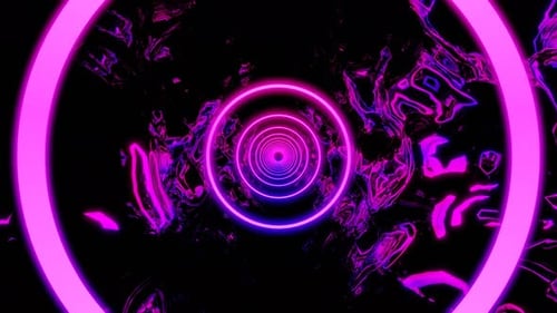 Volando rápido a través del túnel de neón brillante digital sobre un bucle sin fisuras de fondo negro