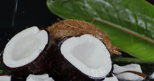 Close Up of Coconut Halves With Water Droplets
