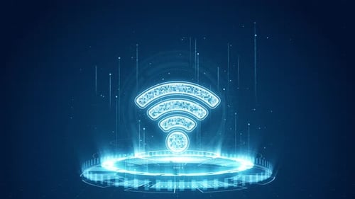 Blue digital WIFI logo with futuristic technology circle rotation on abstract background