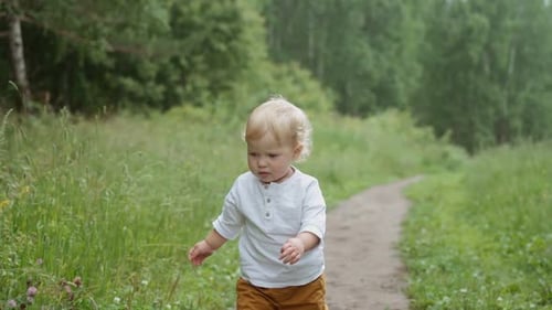 portrait of a child in the park. child walks alone in the park. first steps without parental help