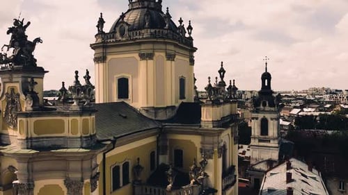 Aerial drone view of a flying over the Catholic Cathedral