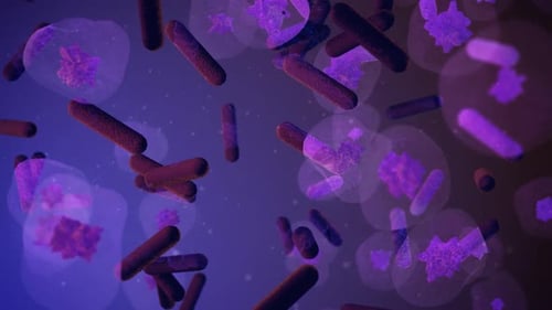 Clusters of generic microbes, bacteria or amoeba floating and causing disease.