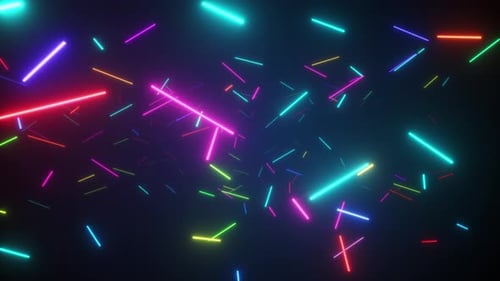 Unendlicher Flug im Weltraum zwischen fluoreszierenden Neonlampen