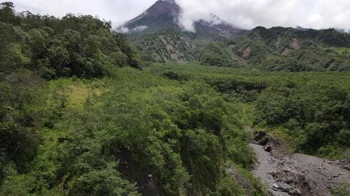 Aerial view of active Merapi mountain with clear sky in Indonesia