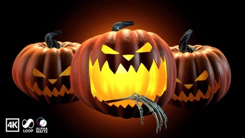 Animated Glowing Halloween Jack-o'-Lanterns with Skeleton Hand Loop