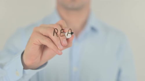 Reality Check Ahead, Man Writing on Transparent Screen