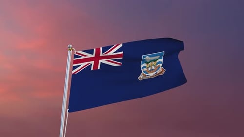 Falkland Islands National Flag Waving with Sunset Background