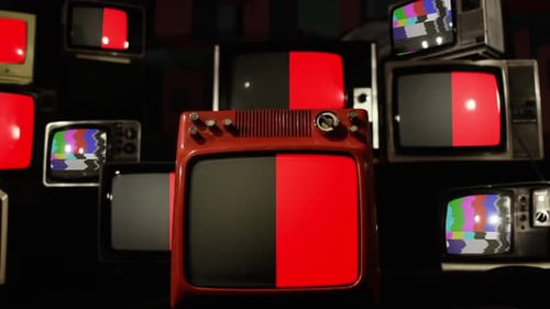Many Retro Televisions with Static and Color Bars