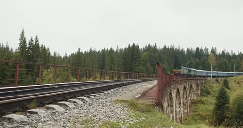Train Goes Over the Bridge with an Old Stone Viaduct