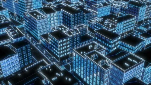 Modern 3d City Line Blue Neon Futuristic Town Skyline Digital Design Concept Art