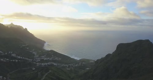 Aerial drone view of the coast coastline ocean sea at sunset in Tenerife, Spain