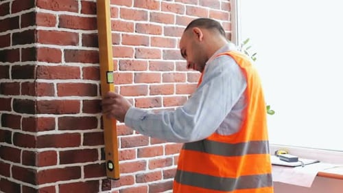 A construction engineer checks the walls with a level.