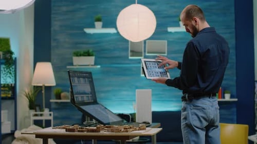 Architect Looking at Tablet with Building Model for Development