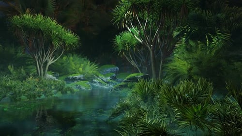 Enchanted Jungle Pond with Glowing Green Water and Lush Plants