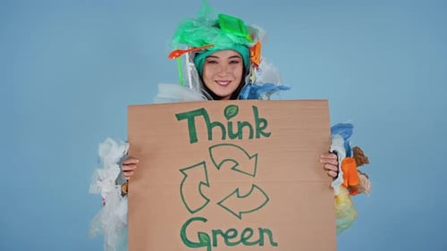 Young Woman in Trash Costume Holds Recycle Sign
