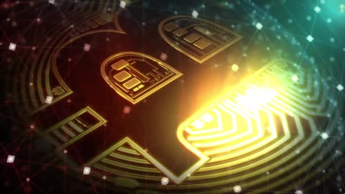 3D Bitcoin Symbol Rotating On Digital Blockchain Network