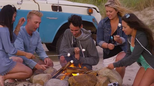 Group of friends at beach roasting marshmallows on campfire