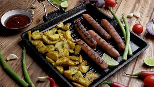 Sausages and Potatoes Served on Cast Iron Skillet