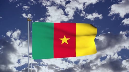 Cameroon Flag Waving Against Blue Sky with Clouds