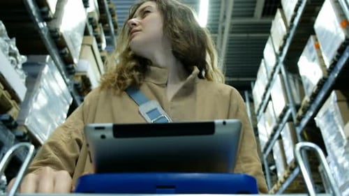 Woman Using Tablet in Modern Warehouse