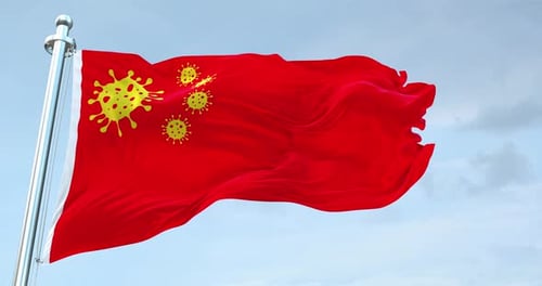 Animated Chinese Flag with Coronavirus Symbols Waving in Wind