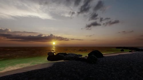 Ocean Shore and Rocks at Sunset