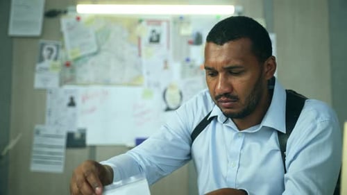 Serious Detective Examining Crime Evidence in Office