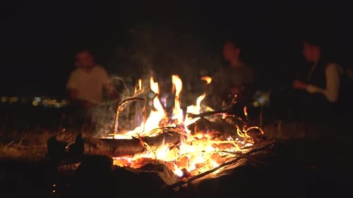Campfire Flames Burning Brightly at Night
