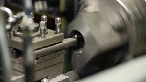 Lathe Cutting Metal in a Factory, Close Up