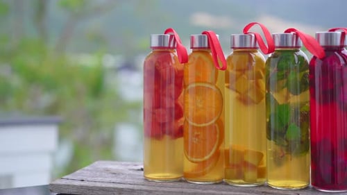 Un ensemble de bouteilles en verre colorées avec différentes saveurs de boissons au kombucha, telles que la pastèque et l'orange