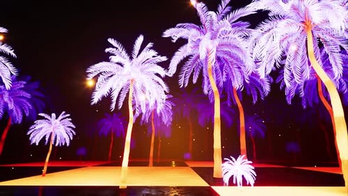Vibrant Neon Palm Trees Night Beach Scenery Loop