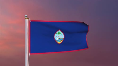 Realistic Waving Flag of Guam Loop with Sunset Sky Background