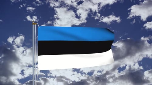 Waving Estonia Flag on Pole Against Cloudy Blue Sky