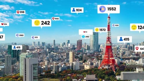 Social Media Icons Fly Over City Downtown Showing People Engagement Connection