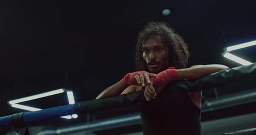 Darkskinned Man on Ring After MixFight Match or Hard Training in Fight Club Portrait Prores