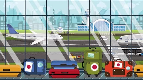 Animated Airport Scene with Luggage Conveyor and Airplanes