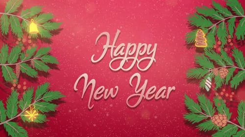 Happy New Year Text Animation with Festive Pine Branches and Falling Snow