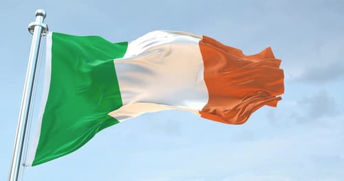 Realistic Irish Flag Waving Seamlessly Against a Cloudy Sky