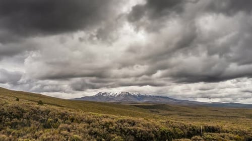 Stormy Clouds Sky over Volcano Mountains Ruapehu in New Zealand Wild Nature Landscape