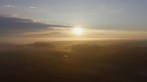 Sunrise Over Rural Misty Countryside, Aerial View