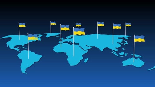 Animated Ukrainian Flags Waving on Global World Map