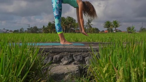 Slowmotion Steadicam Shot of a Young Woman Practicing Yoga on a Beautiful Rice Field