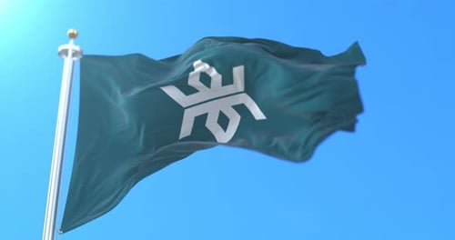 Realistic Waving Flag Animation with Abstract Corporate Symbol Against Blue Sky