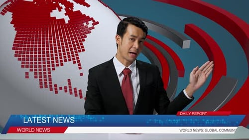 Live News Studio With Asian Professional Male Anchor Reporting On The Events Of The Day