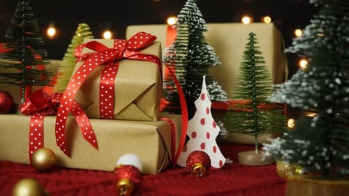 Christmas Presents and Miniature Trees with Festive Lights